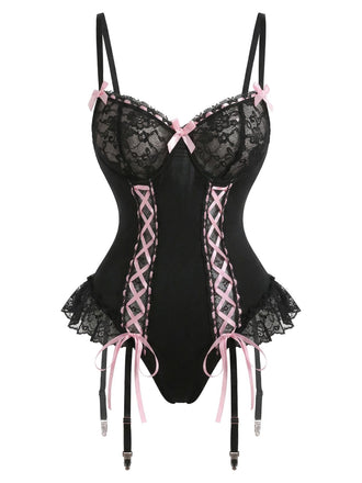 [Prevendita] Completo intimo con corsetto in pizzo e calze a rete nero anni '60