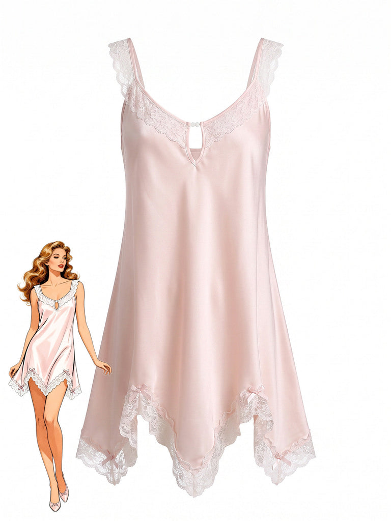 Camicia da Notte Rosa in Raso con Pizzo e Scollo a Goccia Anni '30