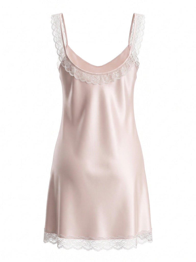 Camicia da Notte Rosa in Raso con Pizzo e Scollo a Goccia Anni '30 3
