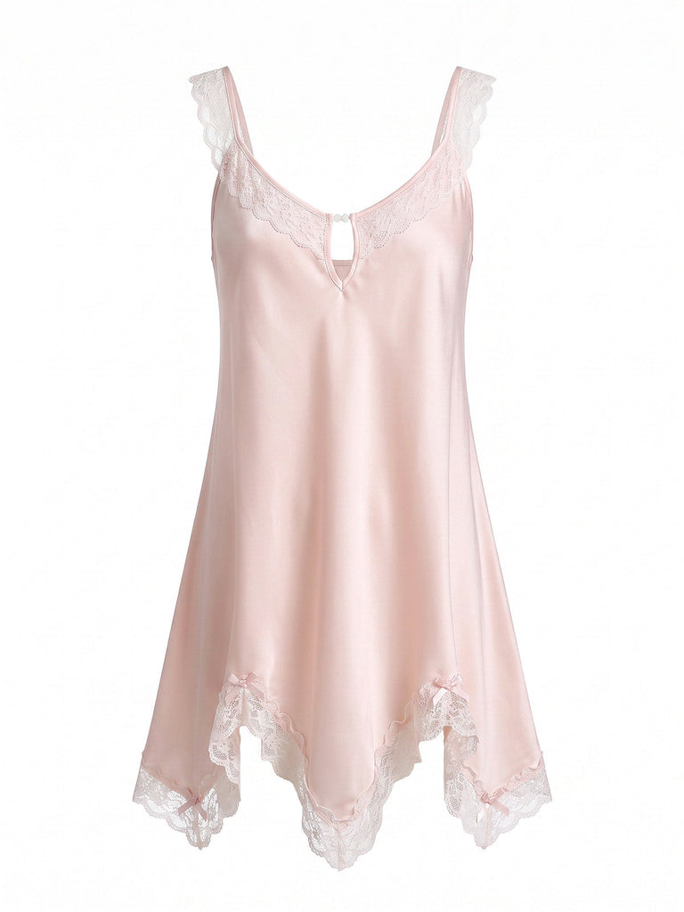 Camicia da Notte Rosa in Raso con Pizzo e Scollo a Goccia Anni '30 2