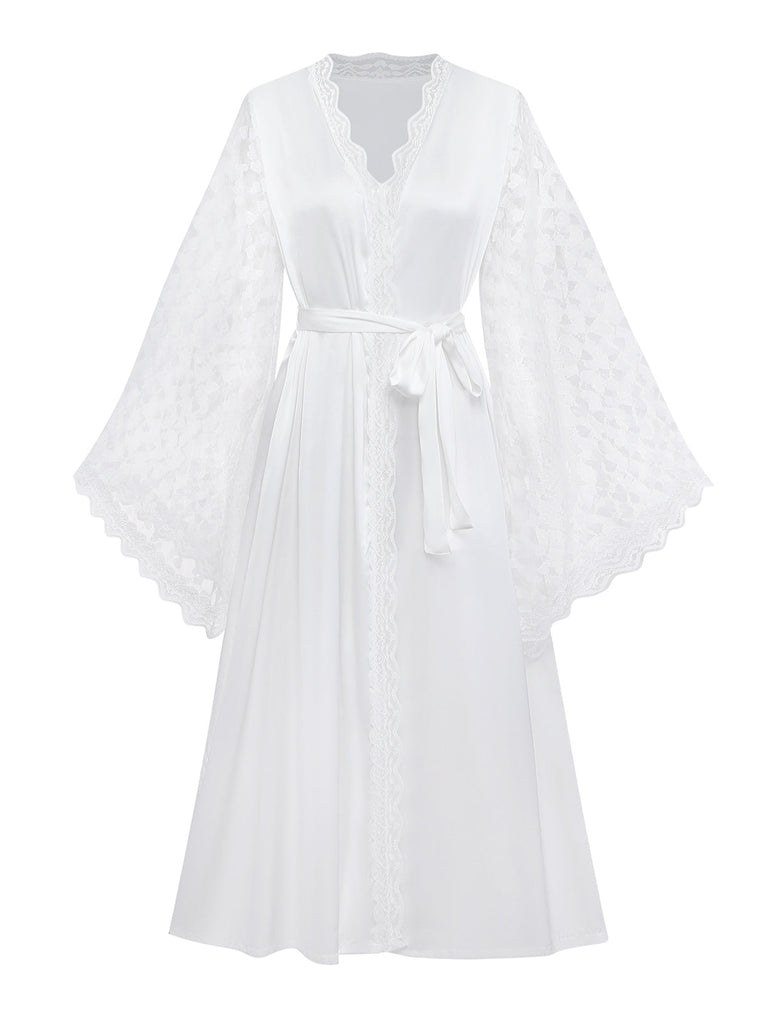 Vestaglia Bianca in Raso con Inserti in Pizzo Anni '50