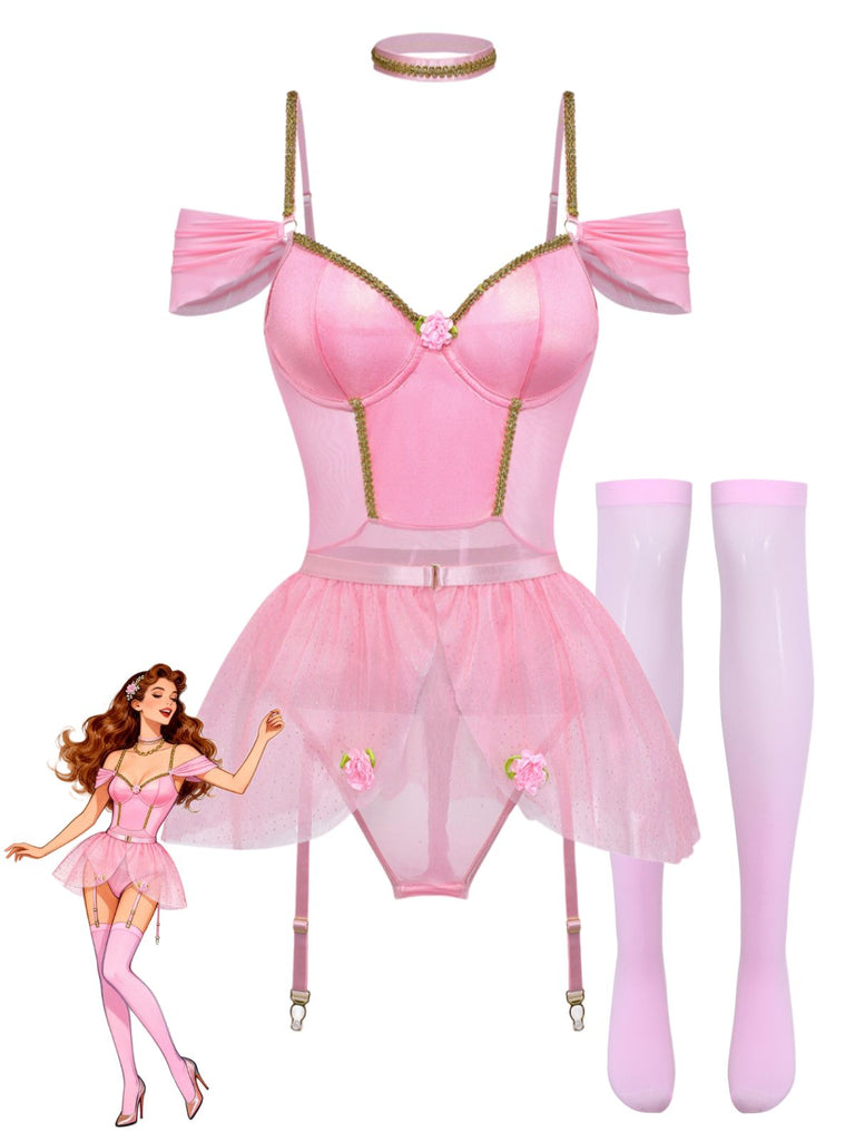 4PCS Lingerie Rosa Anni '60 con Body, Tutu Ballet e Glitter