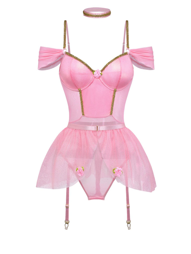 4PCS Lingerie Rosa Anni '60 con Body, Tutu Ballet e Glitter