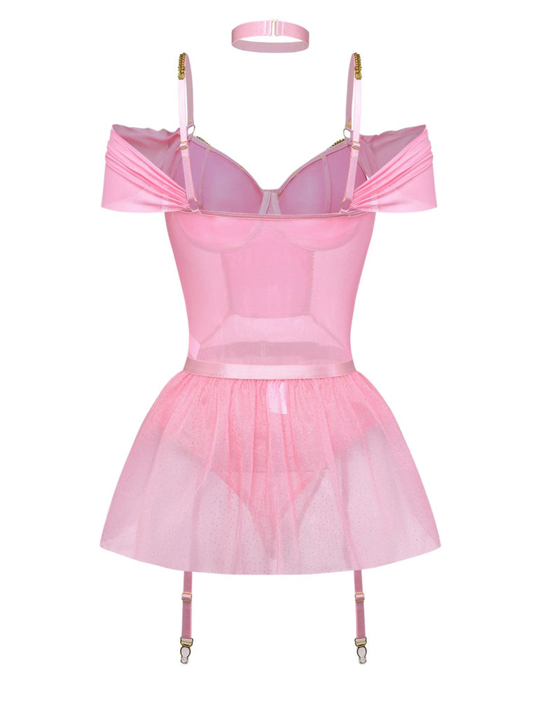 4PCS Lingerie Rosa Anni '60 con Body, Tutu Ballet e Glitter