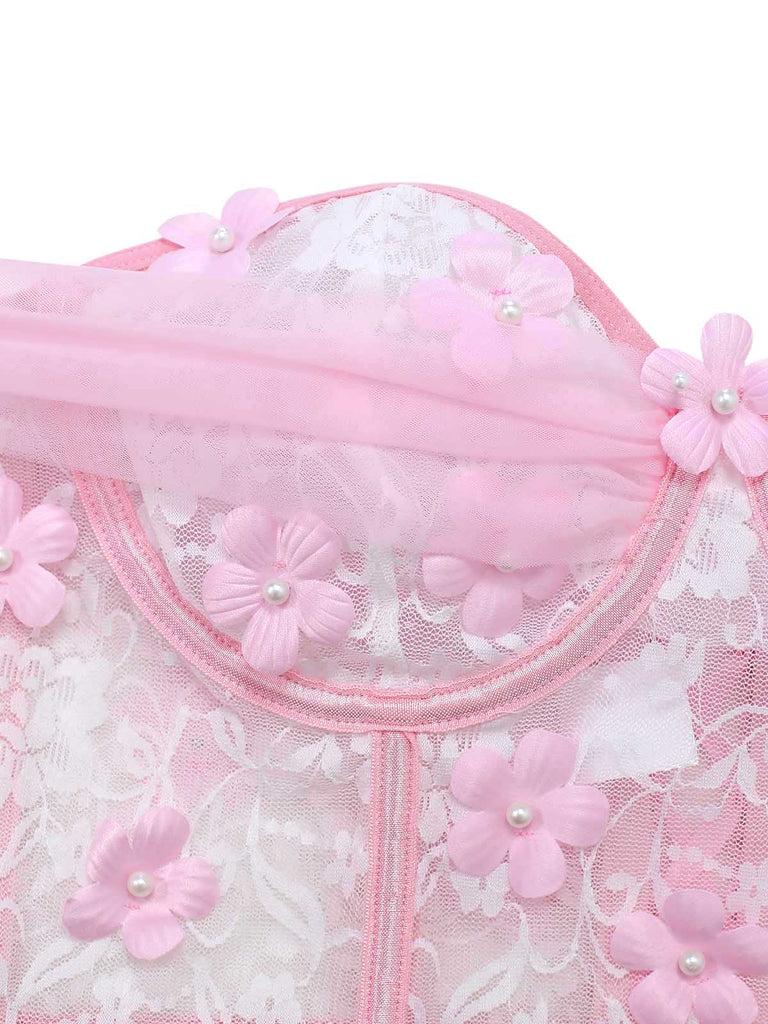 Pink 1960s Spaghetti Strap Sheer Pajama Set 7