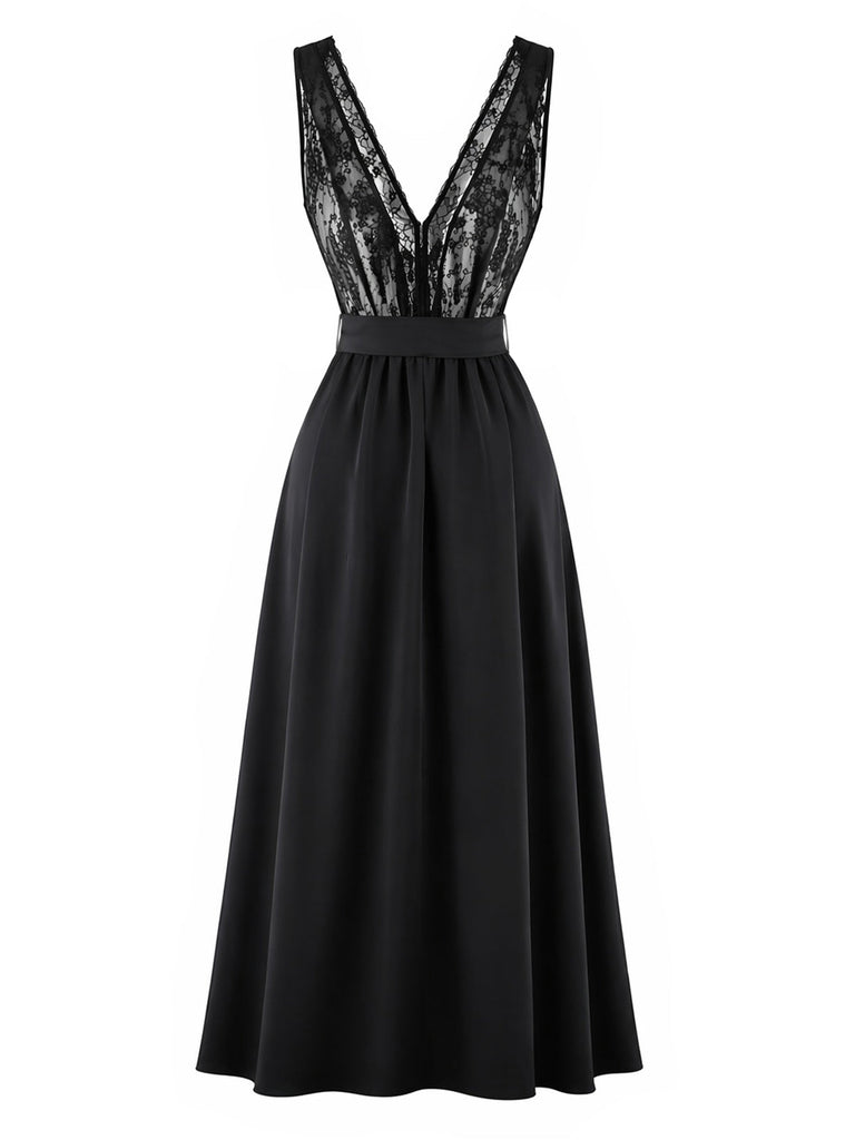 [Prevendita] Camicia da Notte Nero Anni '40 in Pizzo in Raso Scollo Profondo a V Schiena Scoperta 4
