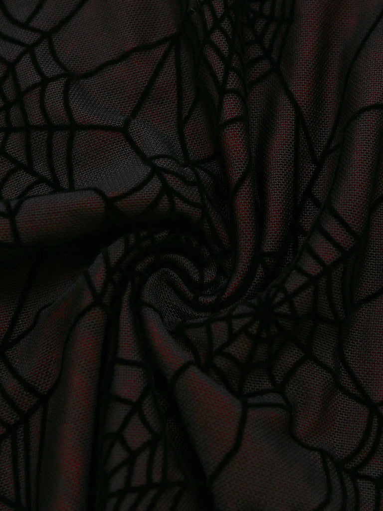 Completo Lingerie Rosso e Nero Anni '80 Gotico Corto in Rete con Ragnatela e Scollo All'americana 10