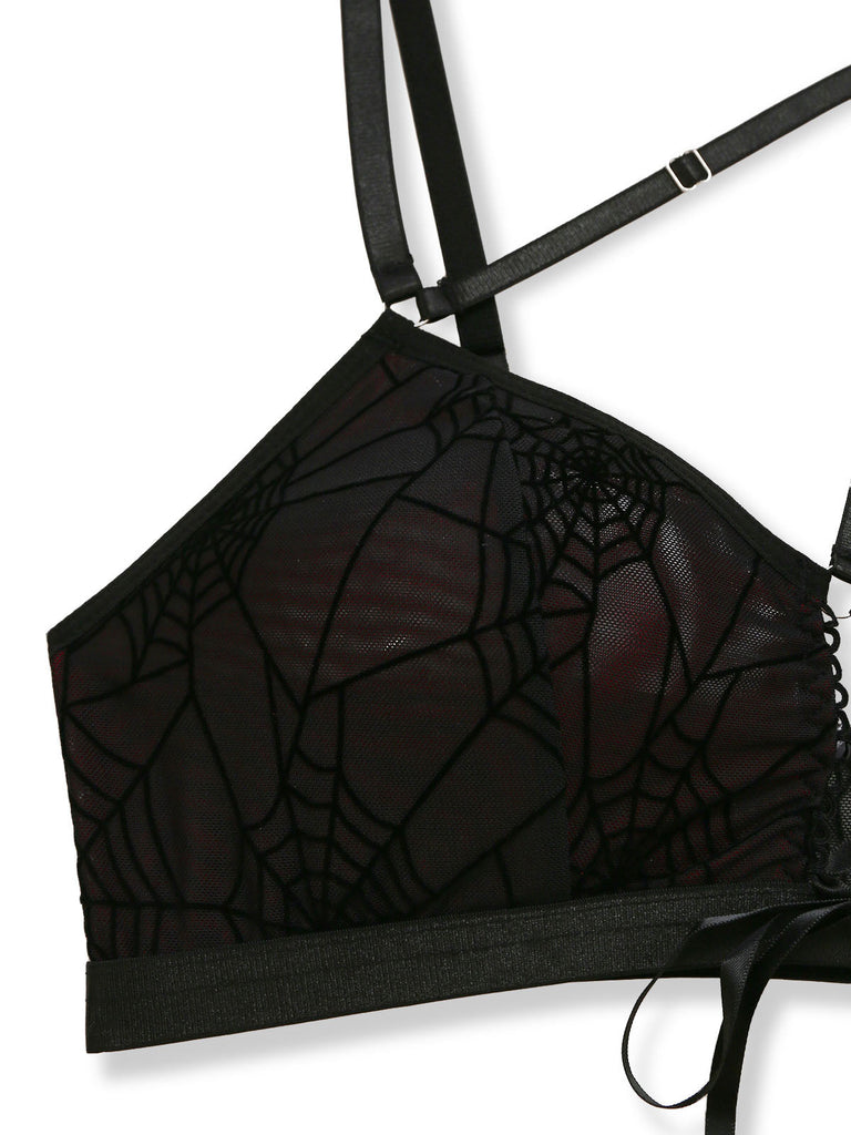 Completo Lingerie Rosso e Nero Anni '80 Gotico Corto in Rete con Ragnatela e Scollo All'americana 9