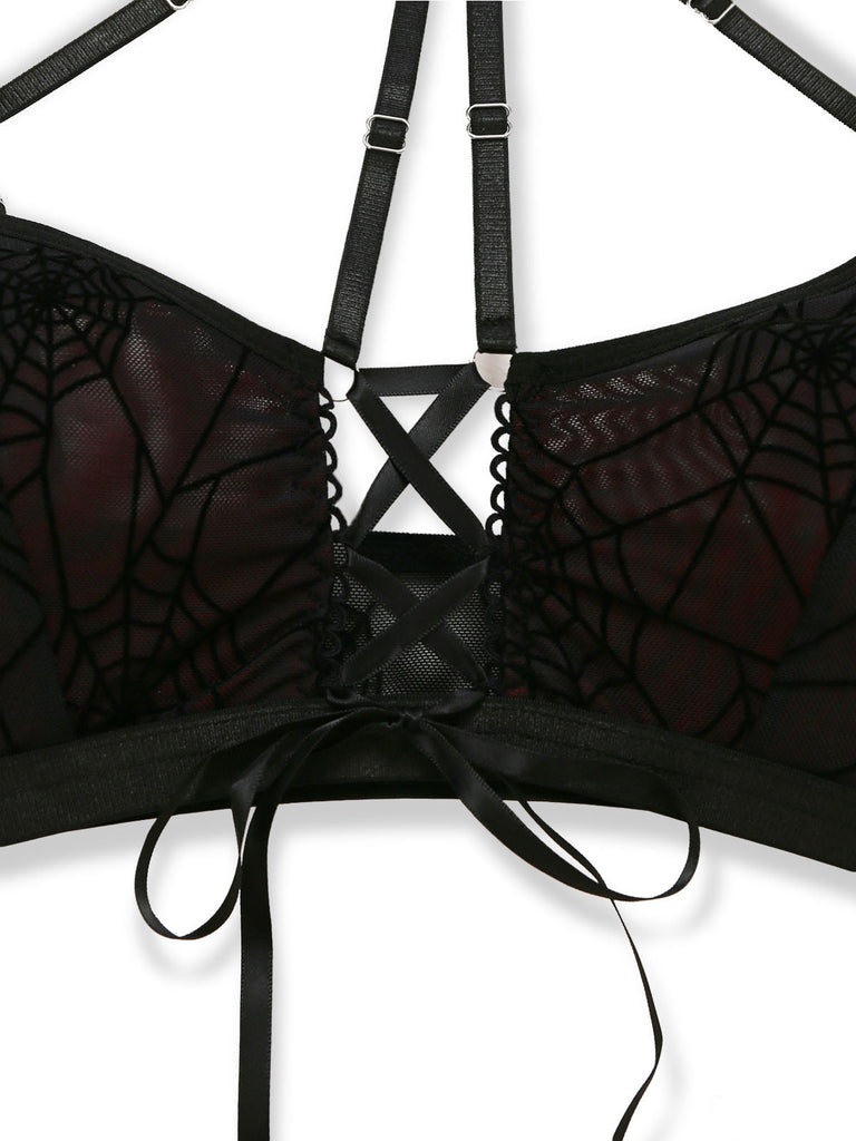 Completo Lingerie Rosso e Nero Anni '80 Gotico Corto in Rete con Ragnatela e Scollo All'americana 8