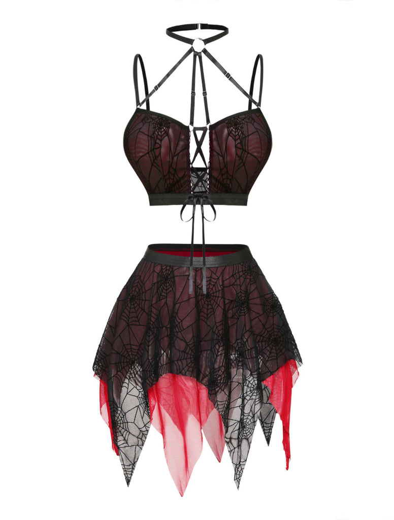 Completo Lingerie Rosso e Nero Anni '80 Gotico Corto in Rete con Ragnatela e Scollo All'americana 2