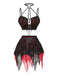 Completo Lingerie Rosso e Nero Anni '80 Gotico Corto in Rete con Ragnatela e Scollo All'americana 2