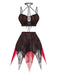 Completo Lingerie Rosso e Nero Anni '80 Gotico Corto in Rete con Ragnatela e Scollo All'americana 3