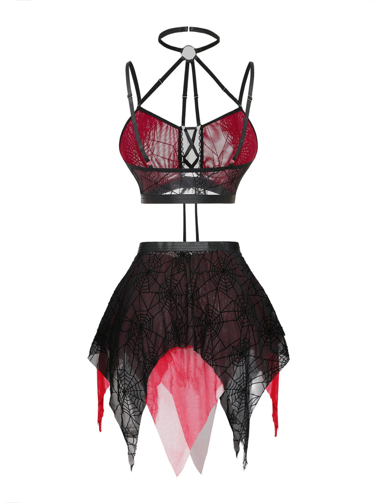 Completo Lingerie Rosso e Nero Anni '80 Gotico Corto in Rete con Ragnatela e Scollo All'americana 4
