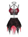 Completo Lingerie Rosso e Nero Anni '80 Gotico Corto in Rete con Ragnatela e Scollo All'americana 4