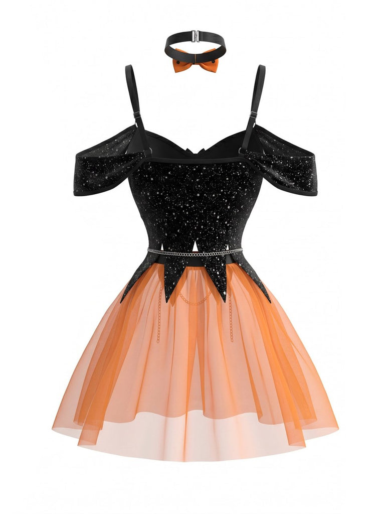 Pigiama Arancione Anni '80 di Halloween Spalle Scoperte Strega Lingerie Set 2