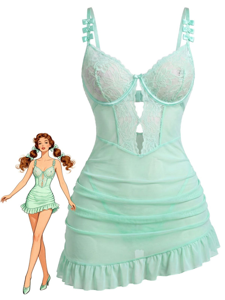 Camisola anni '70 verde con pizzo e rete e spalline con fiocco e orlo a volant