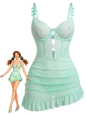 Camisola anni '70 verde con pizzo e rete e spalline con fiocco e orlo a volant