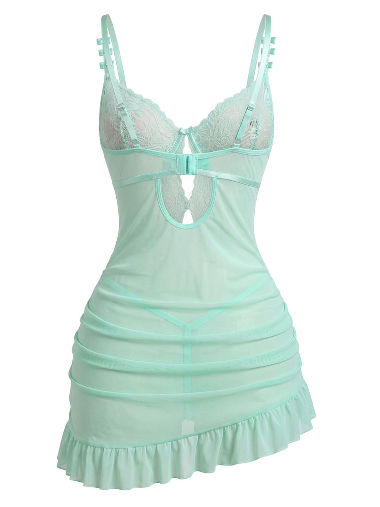Camisola anni '70 verde con pizzo e rete e spalline con fiocco e orlo a volant 3