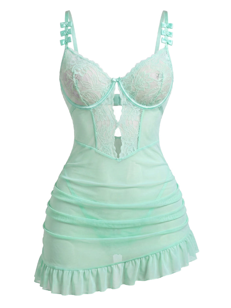 Camisola anni '70 verde con pizzo e rete e spalline con fiocco e orlo a volant 2