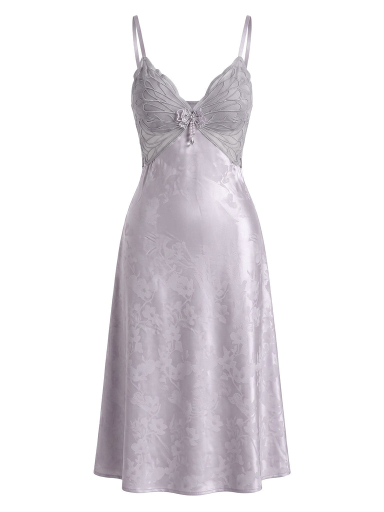 Camicia da Notte Viola Anni '40 in Raso Floreale Butterfly in Pizzo Slip