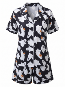 Pigiama Nero Anni '50 Halloween Ghost Print Camicia Shorts Pajamas 2