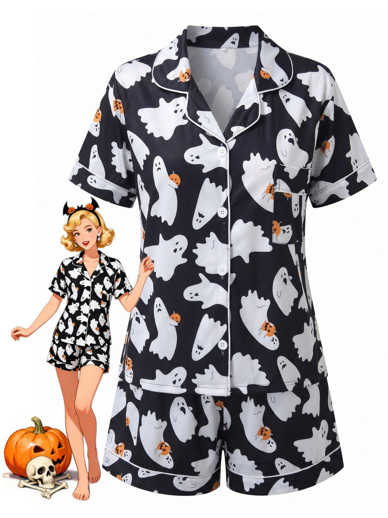 Pigiama Nero Anni '50 Halloween Ghost Print Camicia Shorts Pajamas