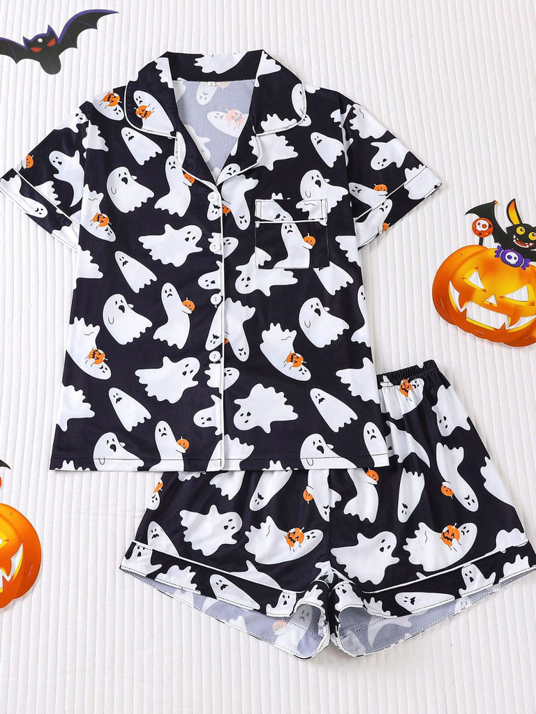 Pigiama Nero Anni '50 Halloween Ghost Print Camicia Shorts Pajamas 4