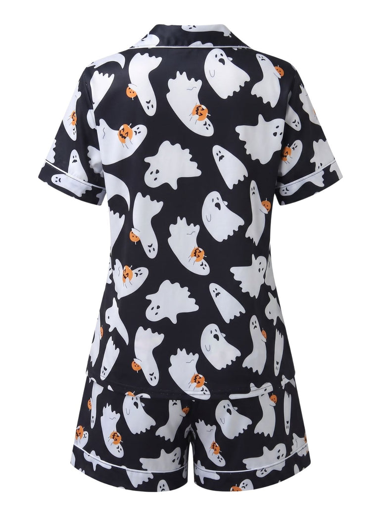 Pigiama Nero Anni '50 Halloween Ghost Print Camicia Shorts Pajamas 3