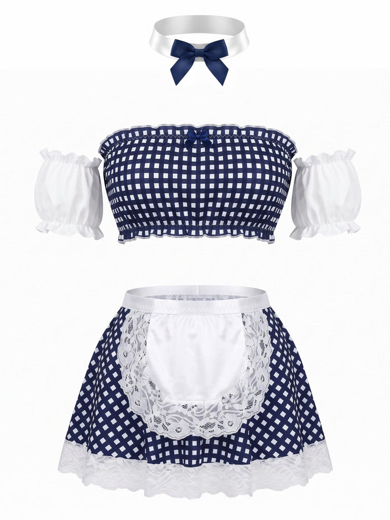 Completo Lingerie Blu Anni '50 Vichy in Pizzo Senza Spalline da Cameriera