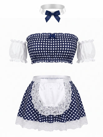 Completo Lingerie Blu Anni '50 Vichy in Pizzo Senza Spalline da Cameriera