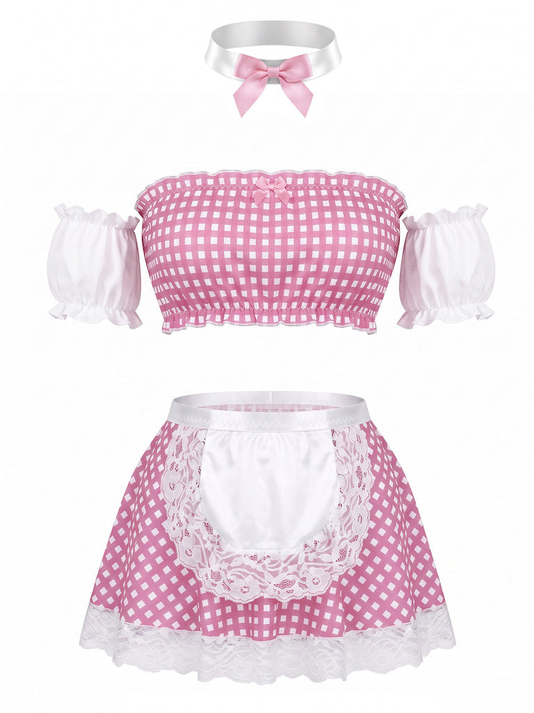 Completo Lingerie Blu Anni '50 Vichy in Pizzo Senza Spalline da Cameriera 6