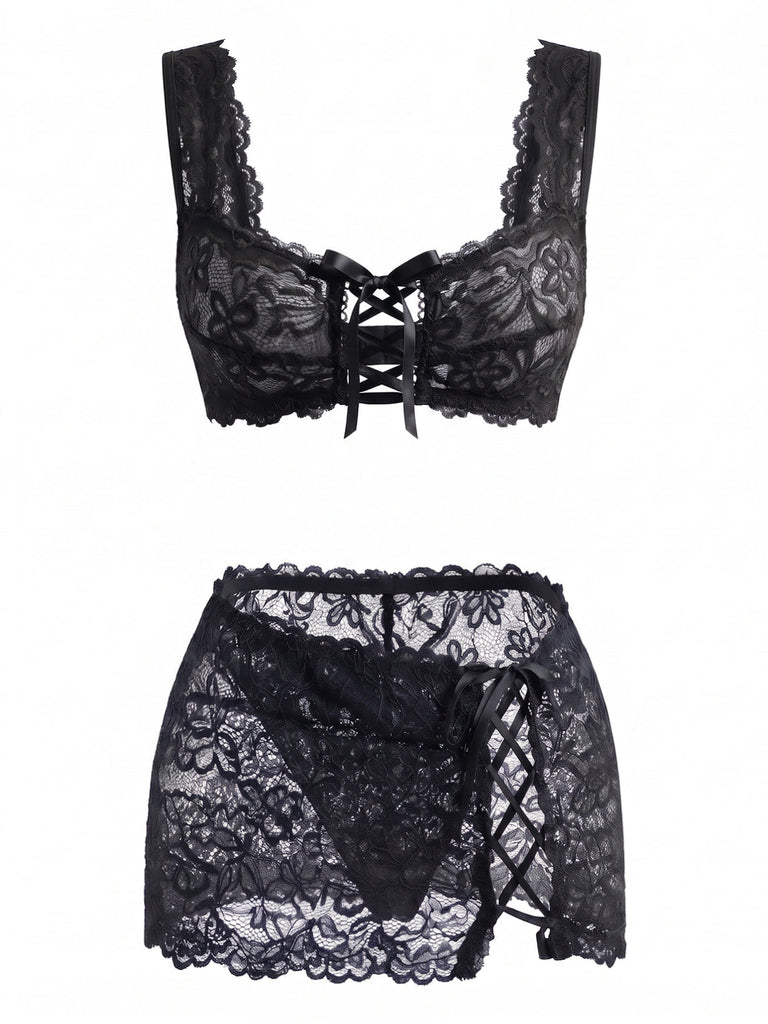 Set Lingerie Blu Intenso Anni '50 in Pizzo Floreale con Allacciatura Incrociata 8