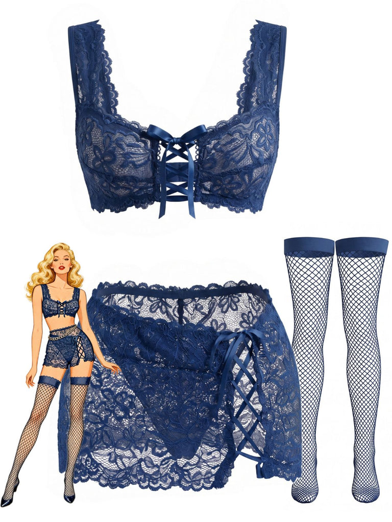Set Lingerie Blu Intenso Anni '50 in Pizzo Floreale con Allacciatura Incrociata