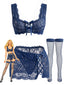 Set Lingerie Blu Intenso Anni '50 in Pizzo Floreale con Allacciatura Incrociata