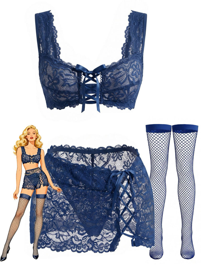 Set Lingerie Blu Intenso Anni '50 in Pizzo Floreale con Allacciatura Incrociata