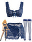 Set Lingerie Blu Intenso Anni '50 in Pizzo Floreale con Allacciatura Incrociata