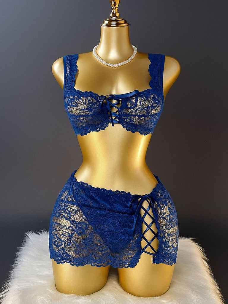 Set Lingerie Blu Intenso Anni '50 in Pizzo Floreale con Allacciatura Incrociata 7