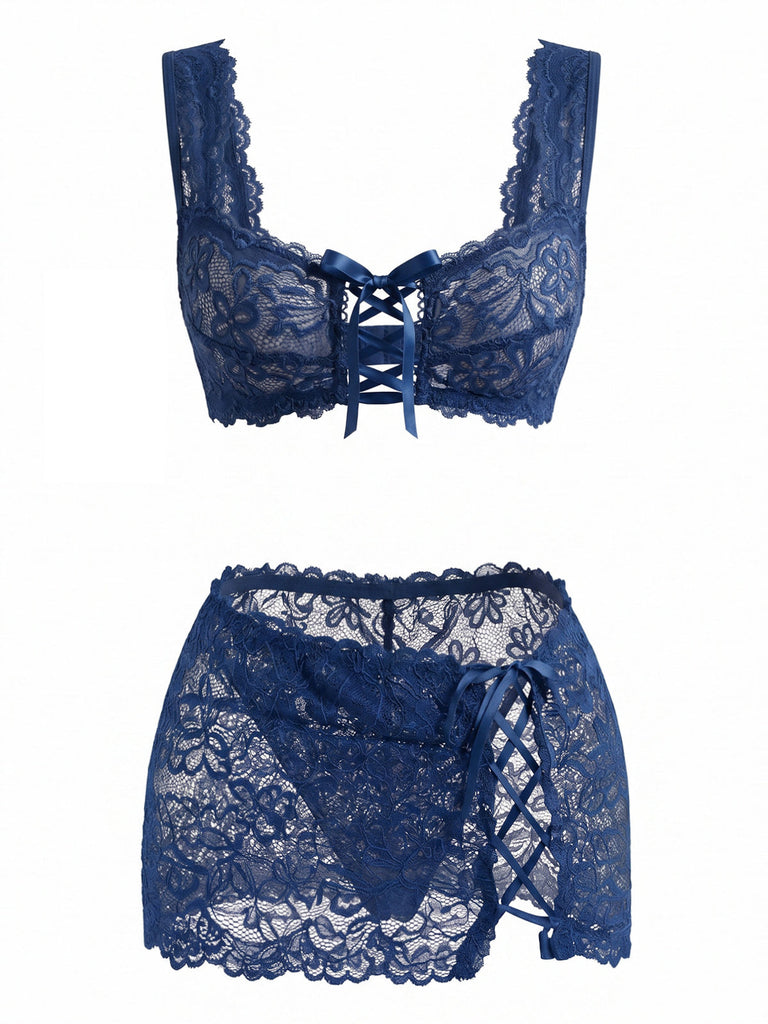 Set Lingerie Blu Intenso Anni '50 in Pizzo Floreale con Allacciatura Incrociata 2