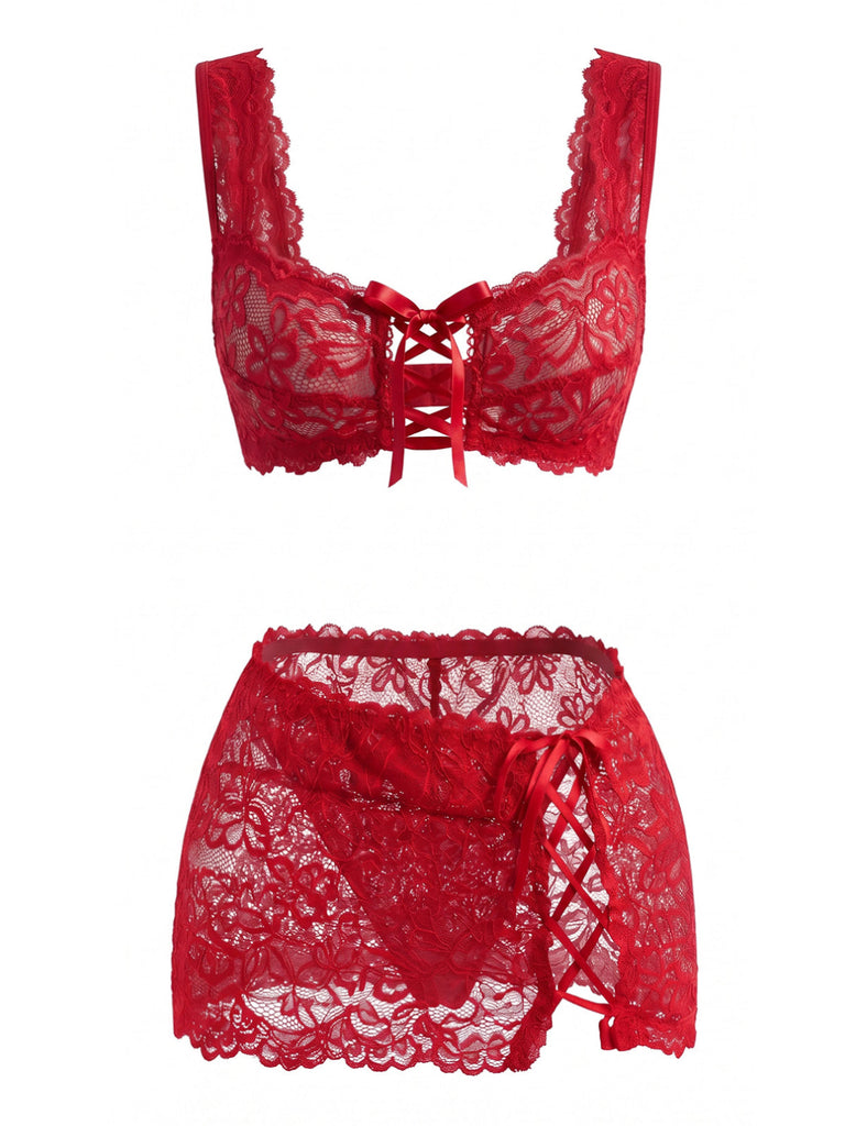 Set Lingerie Blu Intenso Anni '50 in Pizzo Floreale con Allacciatura Incrociata 12