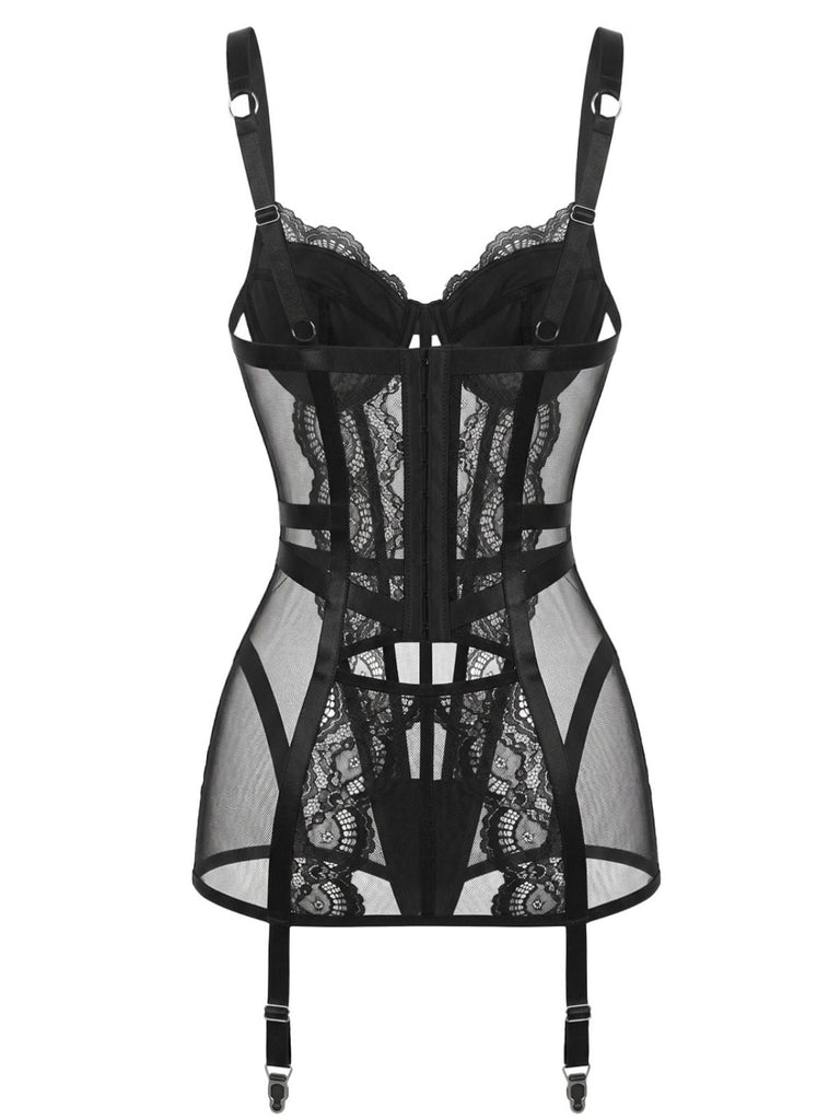 Set Lingerie Nero Anni '50 in Pizzo Trasparente con Reggicalze e Sottoveste 5