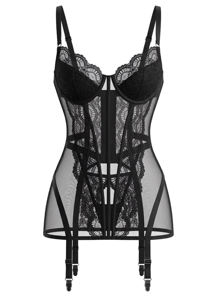 Set Lingerie Nero Anni '50 in Pizzo Trasparente con Reggicalze e Sottoveste 2