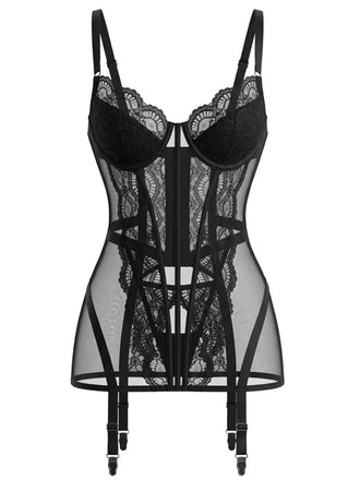 Set Lingerie Nero Anni '50 in Pizzo Trasparente con Reggicalze e Sottoveste 2