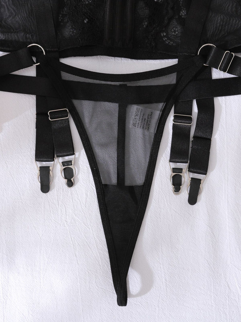 Set Lingerie Nero Anni '50 in Pizzo Trasparente con Reggicalze e Sottoveste 22