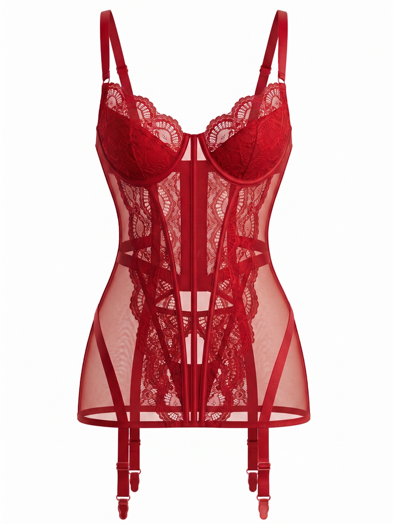 Set Lingerie Nero Anni '50 in Pizzo Trasparente con Reggicalze e Sottoveste 23