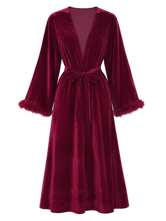 Vestaglia Rossa in Velluto con Cintura e Bordi in Pelliccia Sintetica Anni '50