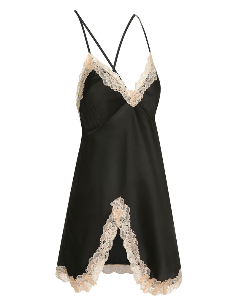 Pigiama in pizzo spalline sottili patchwork rosa anni '50