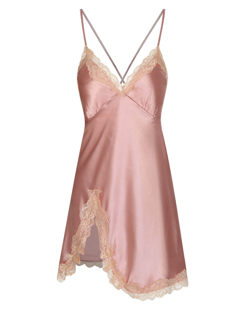 Pigiama in pizzo spalline sottili patchwork rosa anni '50