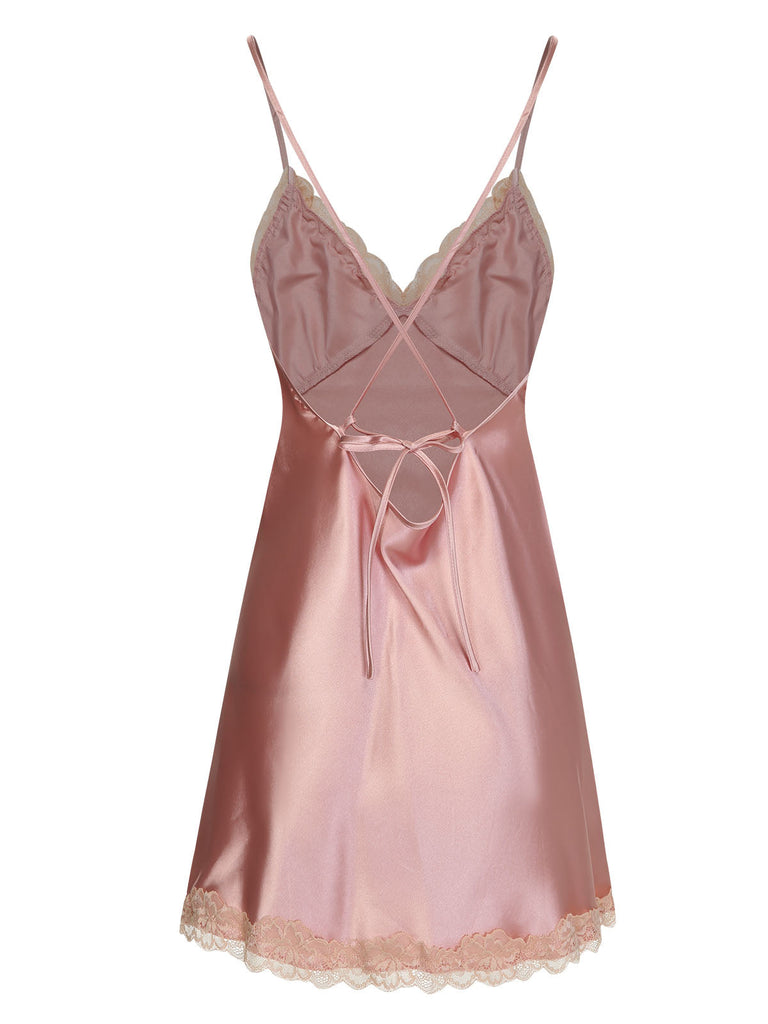 Pigiama in pizzo spalline sottili patchwork rosa anni '50