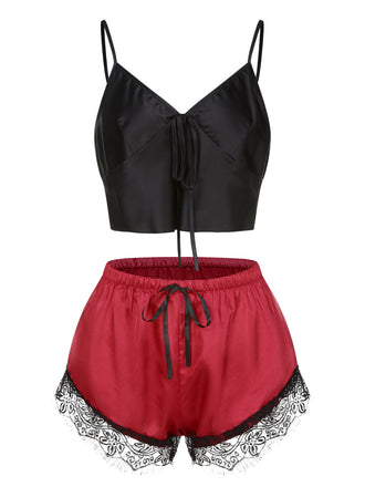 Pigiama in pizzo con spalline sottili nero e rosso anni '50