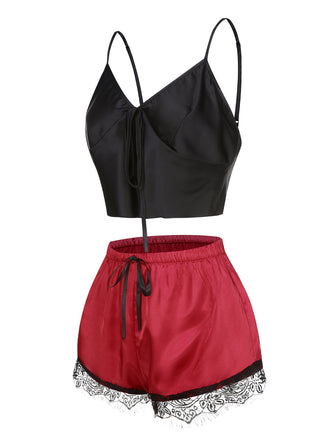 Pigiama in pizzo con spalline sottili nero e rosso anni '50